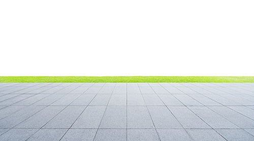 Empty concrete marble floor with perspective line and green grass isolated on white ,Commercial advertising concept use background .