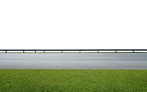 Asphalt road with railings and green grass，isolated on white with clipping path. Side angle view