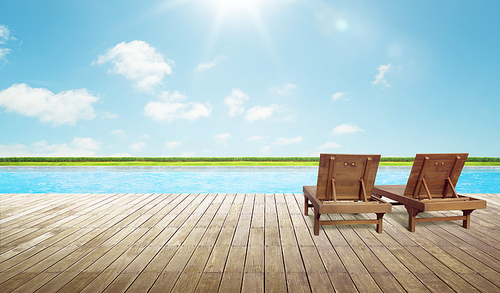 Empty wooden deck and chair with swimming pool , Beautiful minimalist pool side view  .