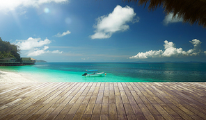 Empty wood jetty floor in front of beautiful afternoon seascape .