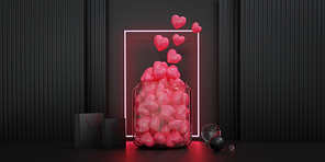 Valentine's Day showcase decorate. Concept for Valentine's Day and Wedding background. 3d rendering.