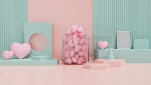 Valentine's Day showcase decorate with Love and geometry design shape. Concept for Valentine's Day and Wedding background. 3d rendering.