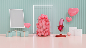 Valentine's Day showcase decorate with Love,shopping bad,gift box and picture frame. Concept for Valentine's Day and Wedding background. 3d rendering.