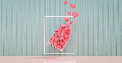 Valentine's Day showcase decorate with Loves bottle. Concept for Valentine's Day and Wedding background. 3d rendering.