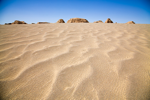 Tranquil yellow sand desert with sandstones and clear blue sky ,Scenery in Tibet .