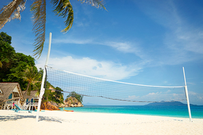 Rawa Beach with beach volleyball court in sunny day , world famous destination, beautiful weather and idyllic tropical island .