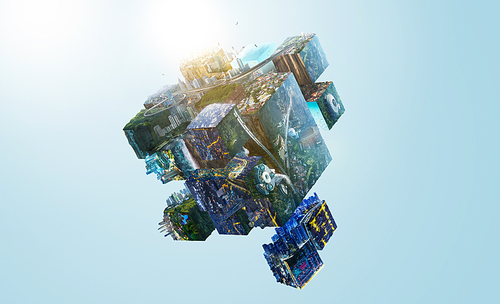 Fantasy puzzle cube of city and landscapes floating in the air , smart and creative city  global concept . Mixed media