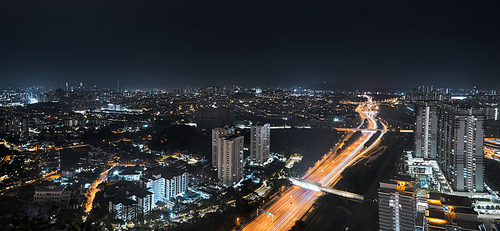 Panorama aerial view in the middle of Kuala Lumpur cityscape skyline .Night scene , Malaysia .