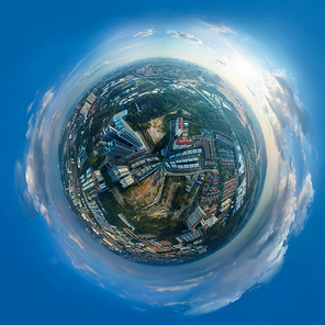 Panorama 360 degree sphere view of cityscape with sky .