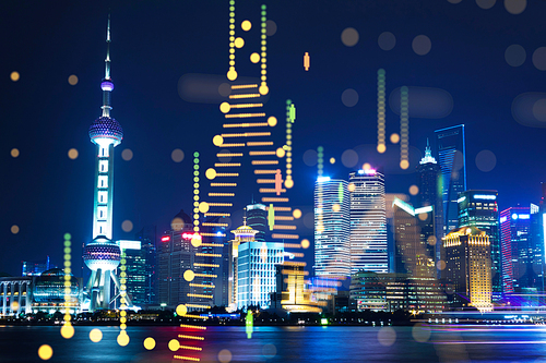 Beautiful Shanghai Pudong skyline at night with financial chart state blend in effect .