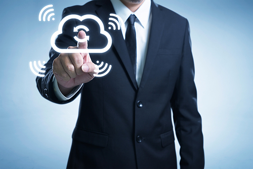 Businessman touch the cloud to sync the data thru wireless internet technologist .
