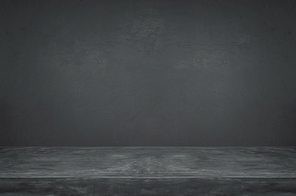 Empty grunge dark cement wall and table top background