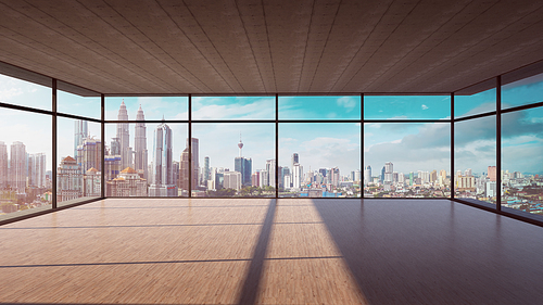 Perspective view of empty wood floor and cement ceiling interior with city skyline view . Mixed media .