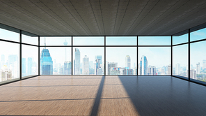 Perspective view of empty wood floor and cement ceiling interior with city skyline view . Mixed media .