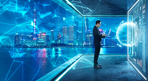 Businessman in suit working with virtual 3d holographic interface screens . Futuristic business, technology, internet and social networking  technology concept .