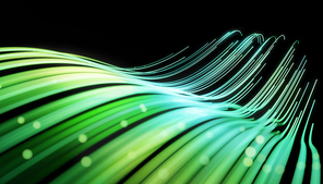Wave lines trails flowing dynamic in green colors isolated on black background. AI technology, science, digital and communication concept. 3d rendering