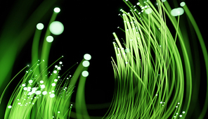 Optical fiber with green light glow. AI technology, science, digital and communication concept. 3d rendering