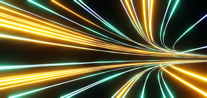 Dark background with colorful track of glowing lines, curve path of speed lights, futuristic speedy graphic design element. 3d rendering