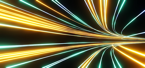 Dark background with colorful track of glowing lines, curve path of speed lights, futuristic speedy graphic design element. 3d rendering