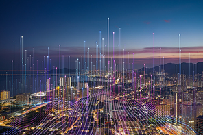 Smart city and abstract dot point connect with gradient line, big data connection technology concept.