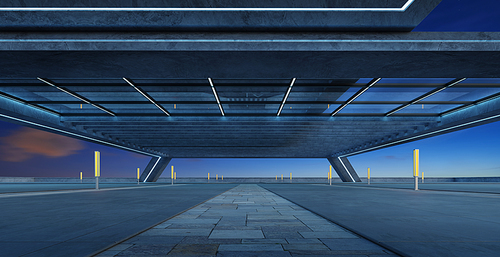Perspective view of empty concrete floor under modern rooftop building. 3d rendering
