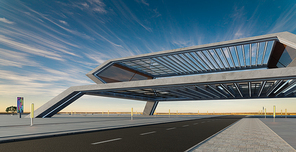Perspective view of empty road and modern bridge structure building. 3d rendering
