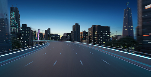 Curvy flyover highway moving forward road with cityscape evening scene. 3d rendering
