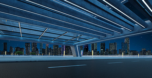 Roadside street view with modern rooftop building with cityscape scene. 3d rendering