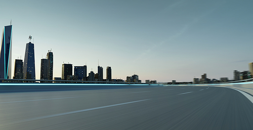 Highway overpass motion blur with city skyline background . Early morning scene. 3d rendering