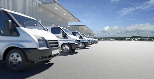 Commercial vans in a row with empty floor and factory building behide. Express delivery and shipment service concept. 3d rendering