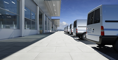 Commercial vans in a row with empty floor and factory building behide. Express delivery and shipment service concept. 3d rendering