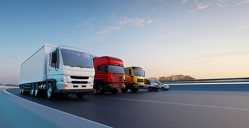 Commercial delivery vehicles in a row on the road. Fast delivery,cargo logistic and freight shipping concept. 3d rendering.