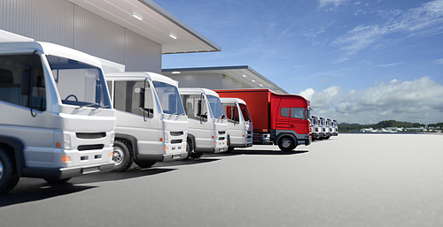 Red truck standing out from a fleet of white trucks. Express delivery and shipment service concept. 3d rendering