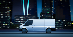 Delivery van driving on a city road at night in front of a modern cityscape. 3d illustration