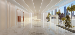 Interior of modern entrance hall in modern office building with reception counter and waiting area lobby. 3d rendering mock up