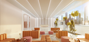 Interior of modern entrance hall in modern office building with reception counter and waiting area lobby. 3d rendering mock up
