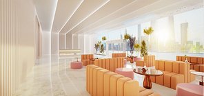 Interior of modern entrance hall in modern office building with reception counter and waiting area lobby. 3d rendering mock up
