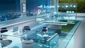 Modern sci-fi futuristic interior office design with green wall plant and beautiful night scene cityscape view. 3d rendering