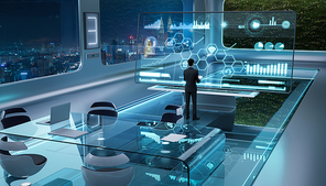Successful smart businessman work at modern futuristic office. 3d rendering