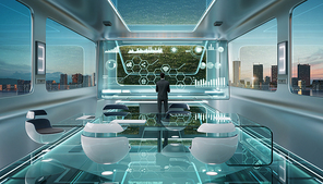 Successful smart businessman work at modern futuristic office. 3d rendering