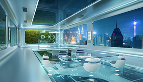 Futuristic interior office design with green wall plant and beautiful night scene cityscape view. 3d rendering