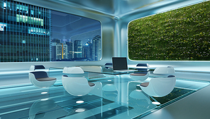 Modern futuristic interior office design with green wall plant and beautiful night scene cityscape view. 3d rendering