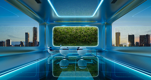 Modern futuristic interior office design with green wall plant and beautiful cityscape view. 3d rendering