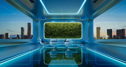 Modern futuristic interior office design with green wall plant and beautiful cityscape view. 3d rendering