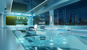 Modern sci-fi futuristic interior office design with green wall plant and beautiful night scene cityscape view. 3d rendering