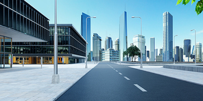 Roadside street view with office buildings background. 3d rendering