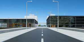 Roadside street view with office buildings background. 3d rendering