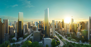 Virtual design modern cityscape skyline with curvy highway road at beautiful sunrise scene view. 3d rendering