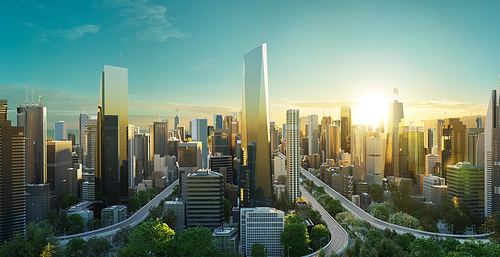 Virtual design modern cityscape skyline with curvy highway road at beautiful sunrise scene view. 3d rendering