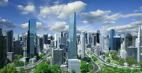 Virtual design modern cityscape skyline with curvy highway road at beautiful daytime view. 3d rendering
